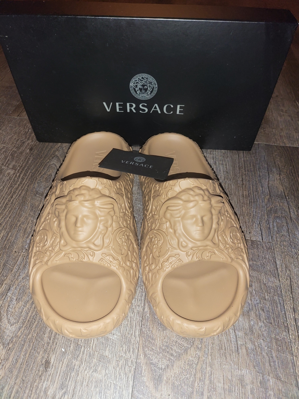 Versace Tan Medusa Embossed Rubber Slides